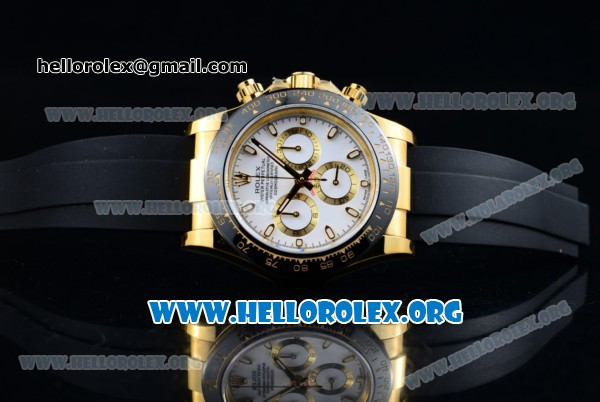 Rolex Daytona Chrono Clone Rolex 4130 Automatic Yellow Gold Case with White Dial Ceramic Bezel and Black Rubber Strap (EF) - Click Image to Close